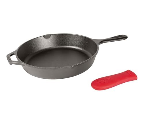 Lodge Vorgebranntes Gusseisen Pfanne mit Griff und Halter, Rotes Silikon, 30,5 cm